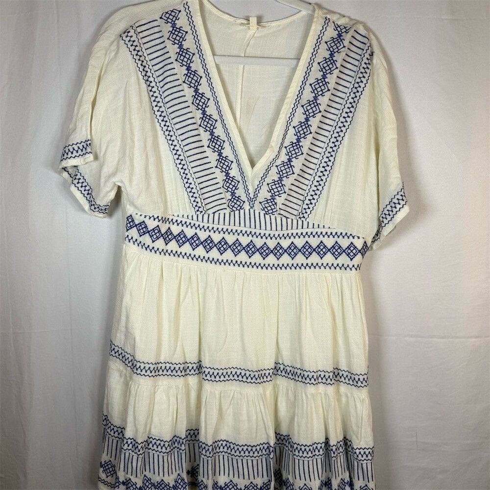 En Crème Dress Womens XS Ivory Blue Embroidered Boho Peasant Mini Tiered